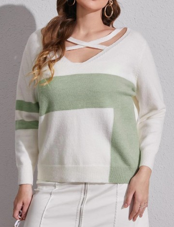Pulover SHEIN CURVE, alb/verde, 0 XL