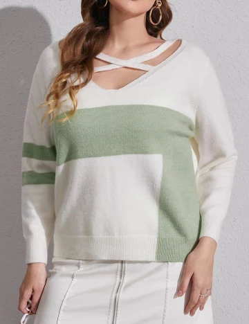 Pulover SHEIN CURVE, alb/verde, 0 XL