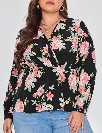 Bluza SHEIN CURVE, negru floral, 1 XL