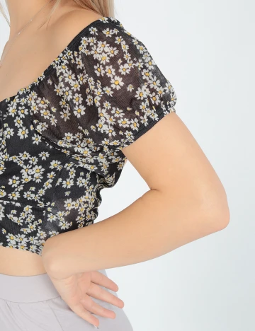 Top Bershka, negru floral, L