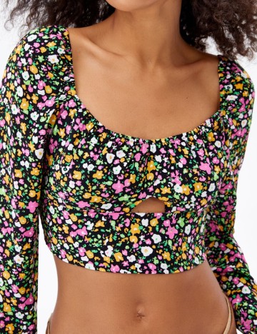 
						Top Bershka, negru floral, XS
