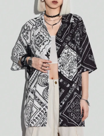 Camasa Oversize SHEIN, negru/alb Negru